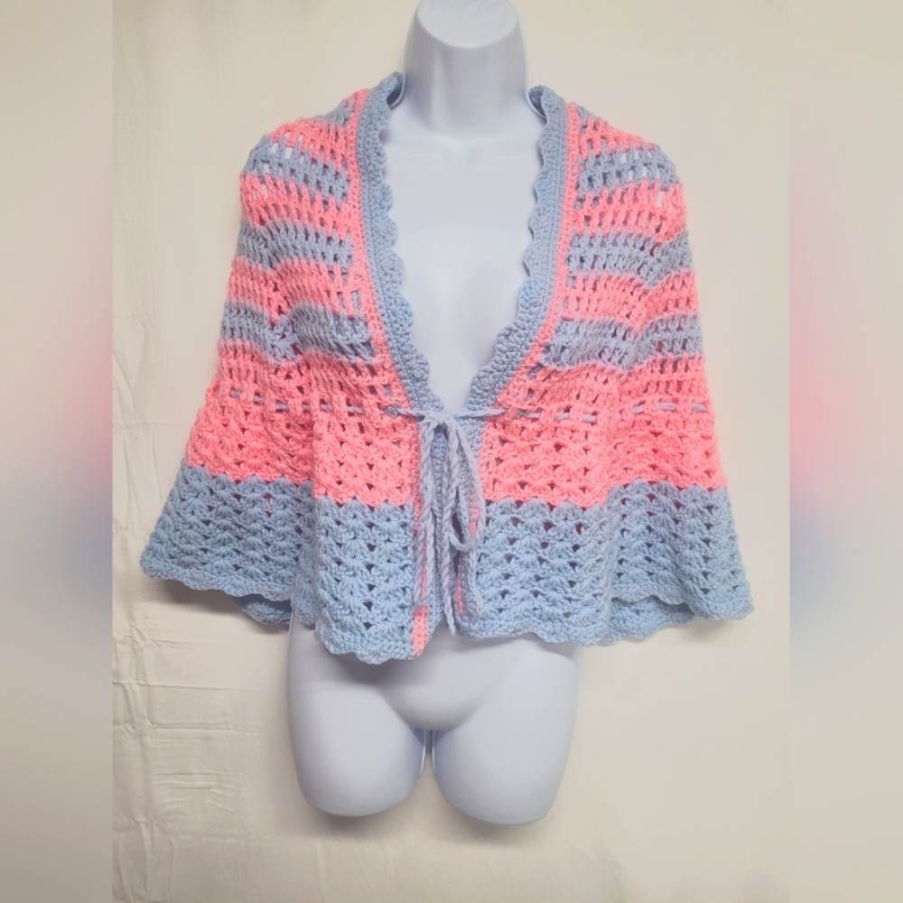 Hand Crochet  / Knit Poncho S / M / L Pink & Blue Tie Front New